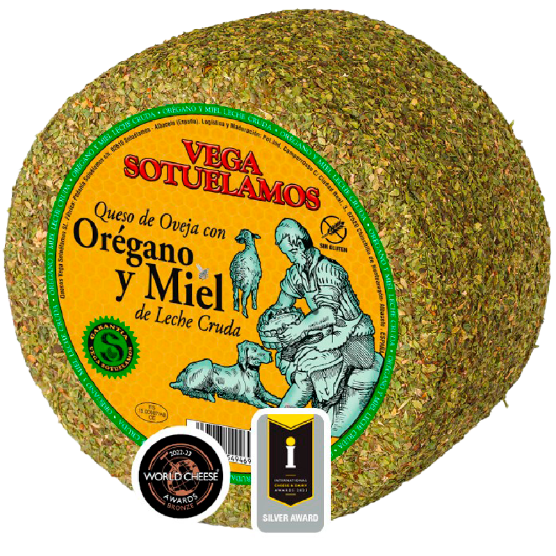 Queso Curado de Oveja cubierto con Orégano y Miel de Leche Cruda Vega Sotuelamos
